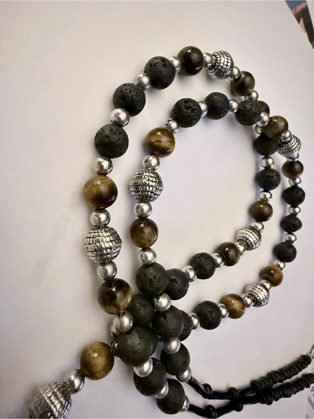 Tiger Eye Beaded Lanyard in Silver, Black & Brown